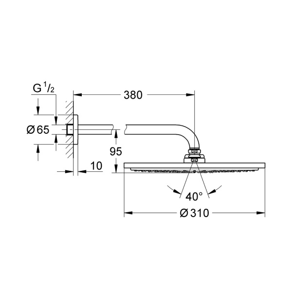 Верхний душ GROHE Rainshower 26066000, круглый, кронштейн 380мм, хром глянцевый, 310х310