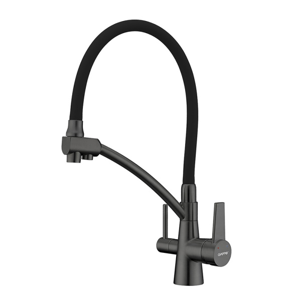Смеситель для кухни GAPPO G4398-19 с подключением фильтра, с гибким изливом, оружейная сталь/черный 