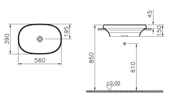 Раковина VITRA Frame (Фрейм) 560х390, овальная, без перелива, встраиваемая сверху