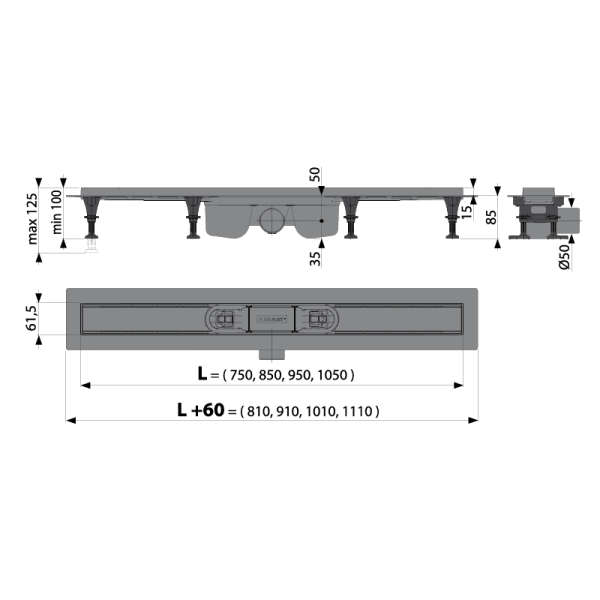 Водоотводящий желоб ALCAPLAST APZ12-750 Optimal, без решетки
