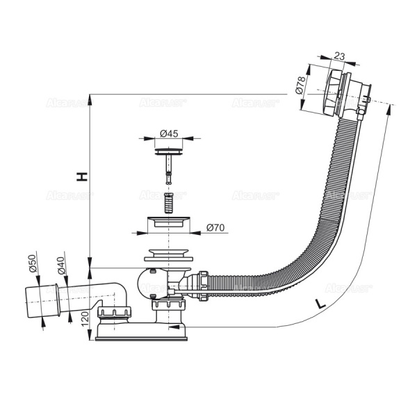 Сифон для ванны ALCAPLAST A55K-60-VE-01/A55K-60-RU-01, G1 1/2"х40/50, хром глянцевый