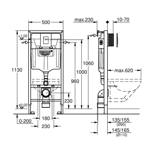 Инсталляция для унитаза GROHE Rapid SL 38772001, клавиша хром глянцевый