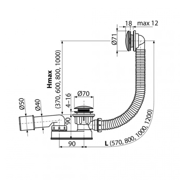 Сифон для ванны ALCAPLAST A507CKM-60, Click/Clack, G1 1/2"х40/50, хром глянцевый