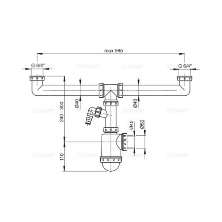 Сифон для кухонной мойки ALCAPLAST A448P-DN50/40 G1 1/2"х40/50, сдвоенный, со штуцером