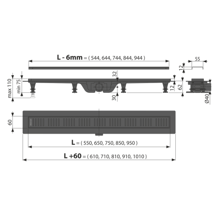 Водоотводящий желоб ALCAPLAST APZ10BLACK-750M, с решеткой, черный матовый