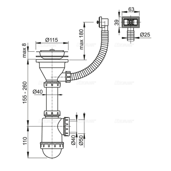 Сифон для кухонной мойки ALCAPLAST A447-DN50/40 G3 1/2х50/40, без штуцера