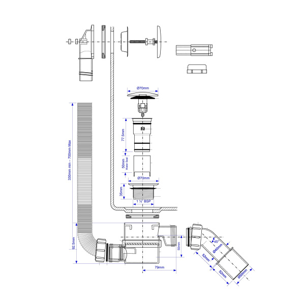 Сифон для ванны McALPINE MRB12, Click/Clack, G1 1/2"х40/50, с верхней прочисткой, хром глянцевый