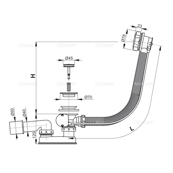 Сифон для ванны ALCAPLAST A55K-80-VE-01/A55K-80-RU-01, G1 1/2"х40/50, хром глянцевый