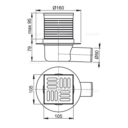 Трап ALCAPLAST APV31 105х105/50, боковой, комбинированный затвор, с решеткой