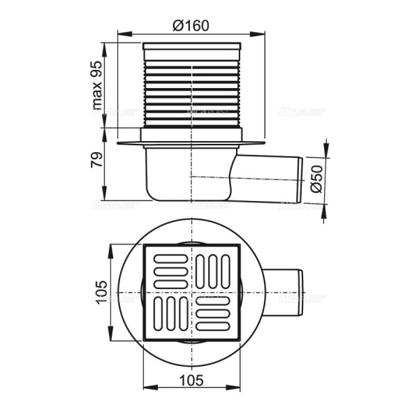 Трап ALCAPLAST APV31 105х105/50, боковой, комбинированный затвор, с решеткой