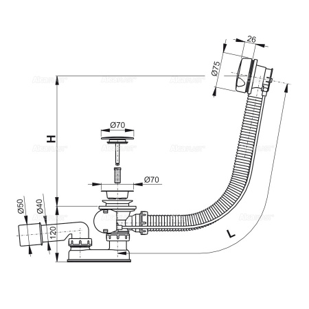 Сифон для ванны ALCAPLAST A51BM-60, G1 1/2"х40/50, белый глянцевый
