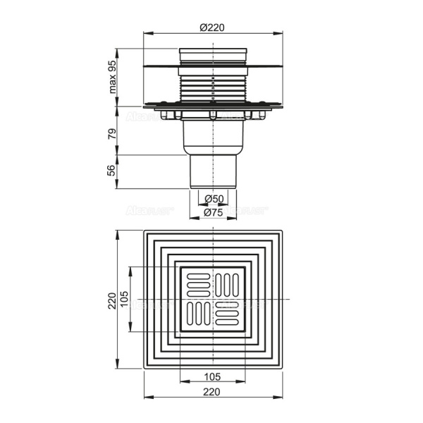Трап ALCAPLAST APV4344 105х105/50/75, прямой, комбинированный затвор, с решеткой
