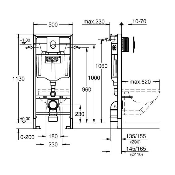 Инсталляция для унитаза GROHE Rapid SL 38721001, клавиша хром глянцевый