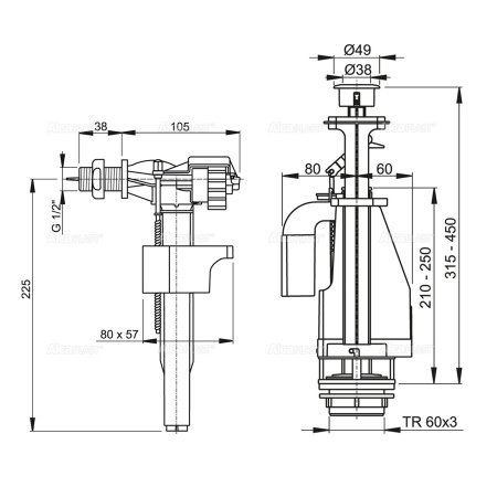 Арматура кнопочная ALCAPLAST SA08A 1/2, боковая, двойной смыв, пластиковая резьба