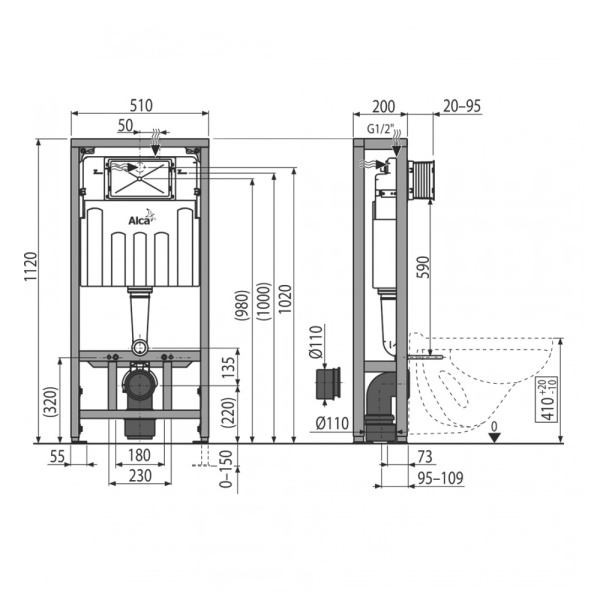 Инсталляция для унитаза ALCAPLAST Sadromodul AM116/1120, для установки в пространство, без клавиши