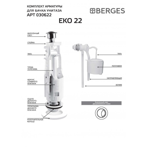 Арматура кнопочная BERGES Eko 22 030622 1/2, боковая, двойной смыв, пласт. резьба СЦ