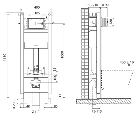 Инсталляция для унитаза BELBAGNO BB004-40 EXPERT, узкая 400мм, без клавиши