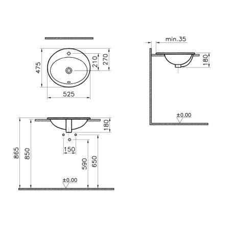 Раковина VITRA S20 (С20), 525х475, овальная, с переливом, встраиваемая сверху