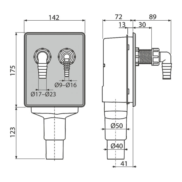 Сифон для стиральной машины ALCAPLAST APS6 40/50, на 2 прибора, под штукатурку, нержавеющая сталь