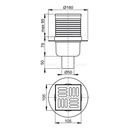 Трап ALCAPLAST APV2 105х105/50, прямой, мокрый затвор, с решеткой