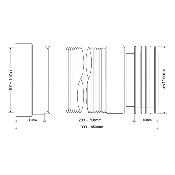Гофра для унитаза McALPINE MRWC-F33R, 330-850мм, 97/107х110мм
