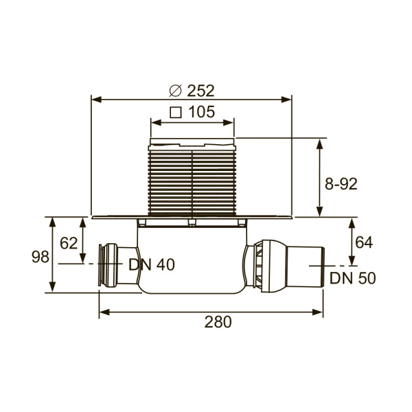 Трап TECEdrainpoint S 120 DN40х50, двойной, боковой, мокрый затвор, с решеткой, хром глянцевый