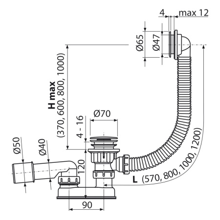 Сифон для ванны ALCAPLAST A505CRM-60, Click/Clack, G1 1/2"х40/50, хром глянцевый