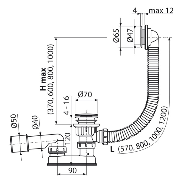 Сифон для ванны ALCAPLAST A505CRM-60, Click/Clack, G1 1/2"х40/50, хром глянцевый