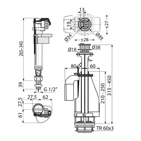 Арматура кнопочная ALCAPLAST SA08AS 1/2, нижняя, двойной смыв, пластиковая резьба